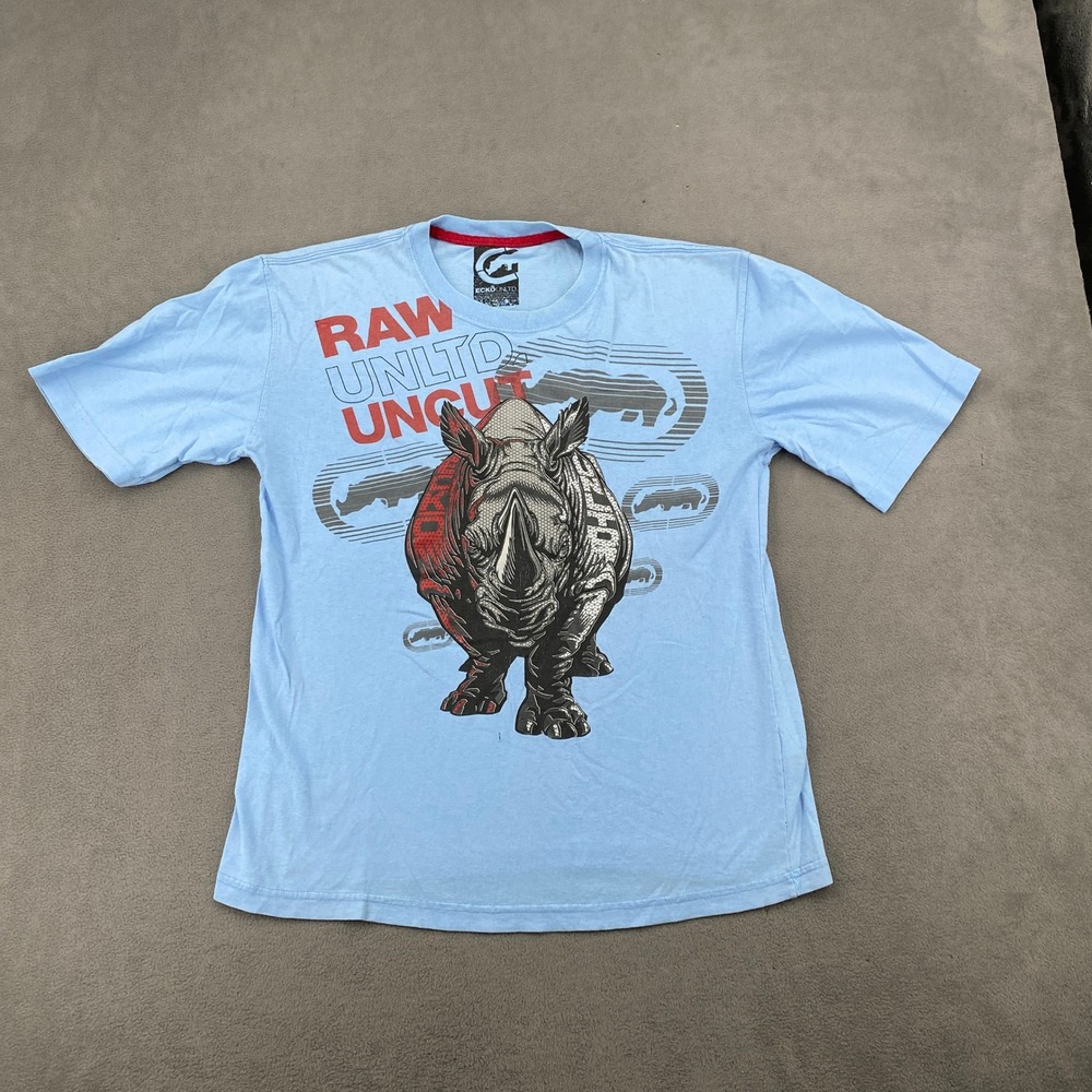 Ecko Unltd Mens Rhino Graphic T-Shirt Blue Y2K Grunge Raw Unltd Uncut Tee Small